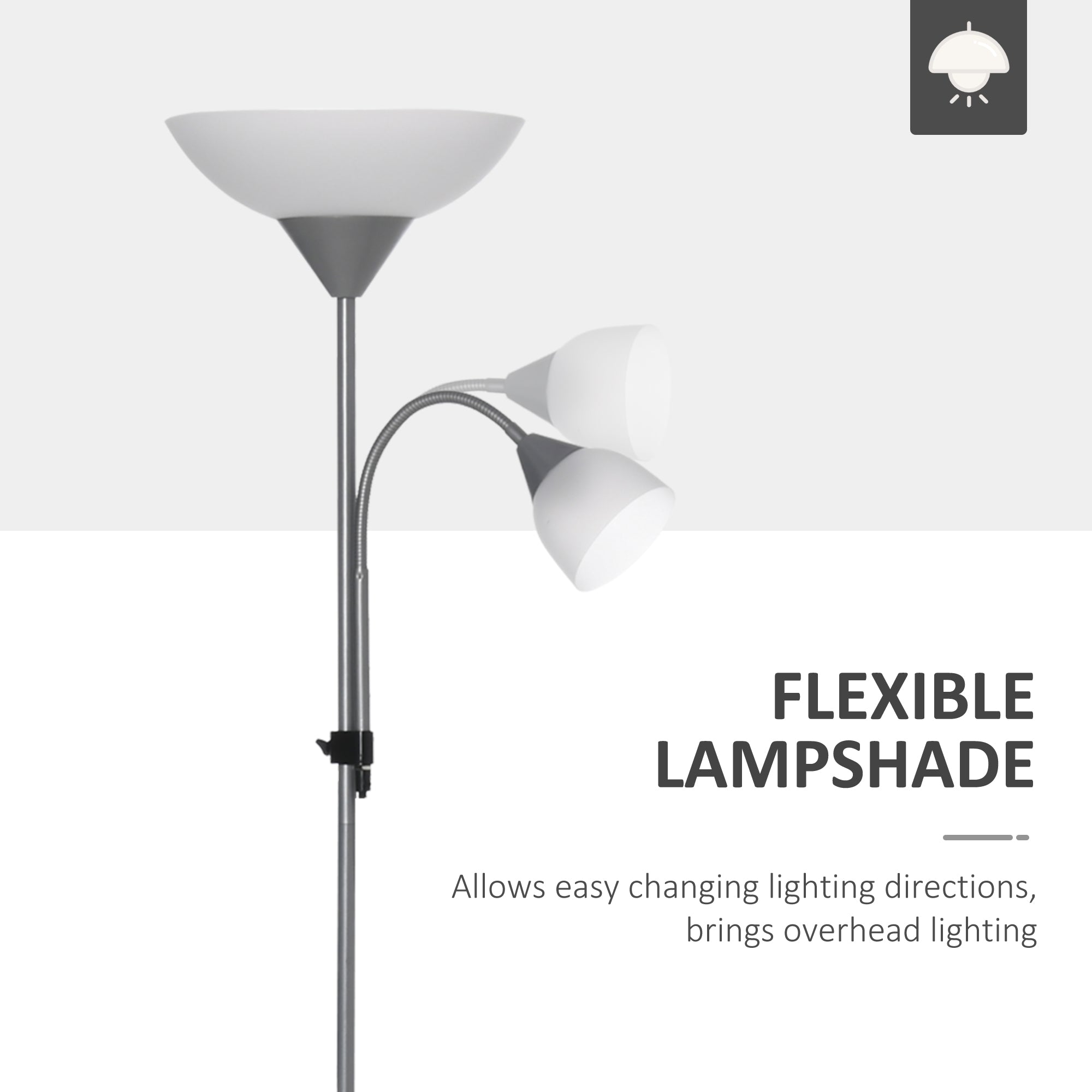 HOMCOM LED Floor Lamp for Living Room, 180cm Tall Standing Lamp, Mother and Child Uplighter with Adjustable Gooseneck, Silver Tone
