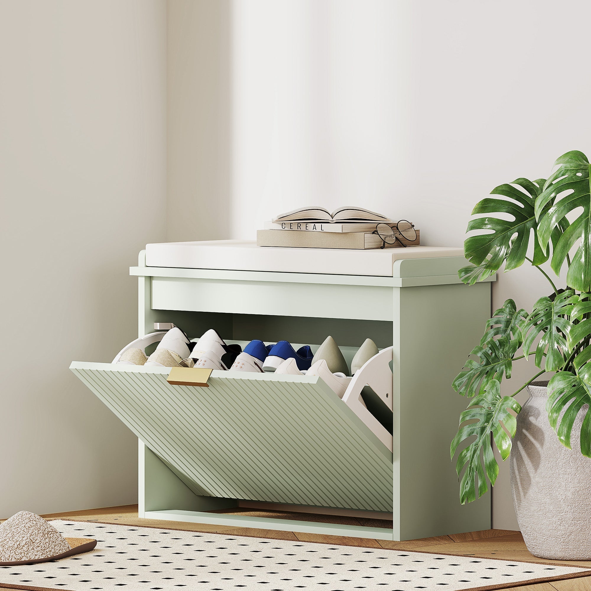 HOMCOM Elegant Six Shoe Bench, with Top Seat - Green