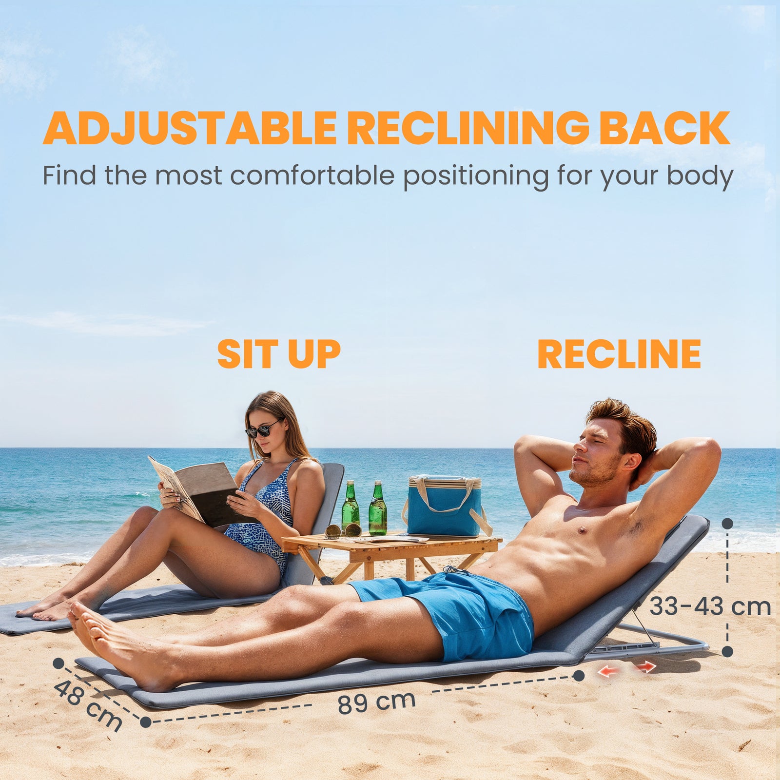 Outsunny Set of 2 Foldable Garden Beach Chair Mat Lightweight Outdoor Sun Lounger Seats Adjustable Back Metal Frame PE Fabric Head Pillow w/ Carry Bag,Grey
