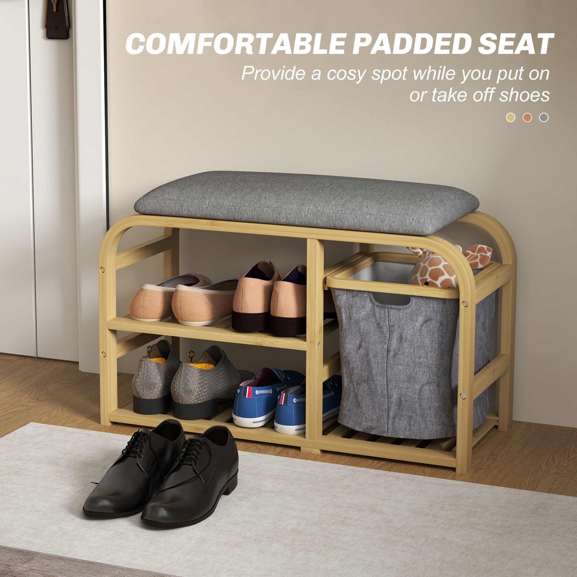 HOMCOM Bamboo Shoe Rack Bench with Padded Seat - Nature Wood Finish