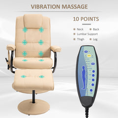 HOMCOM Swivel Recliner Chair and Footstool, Faux Leather Massage Recliner Armchair with Remote Control and Round Wrapped Base, Beige