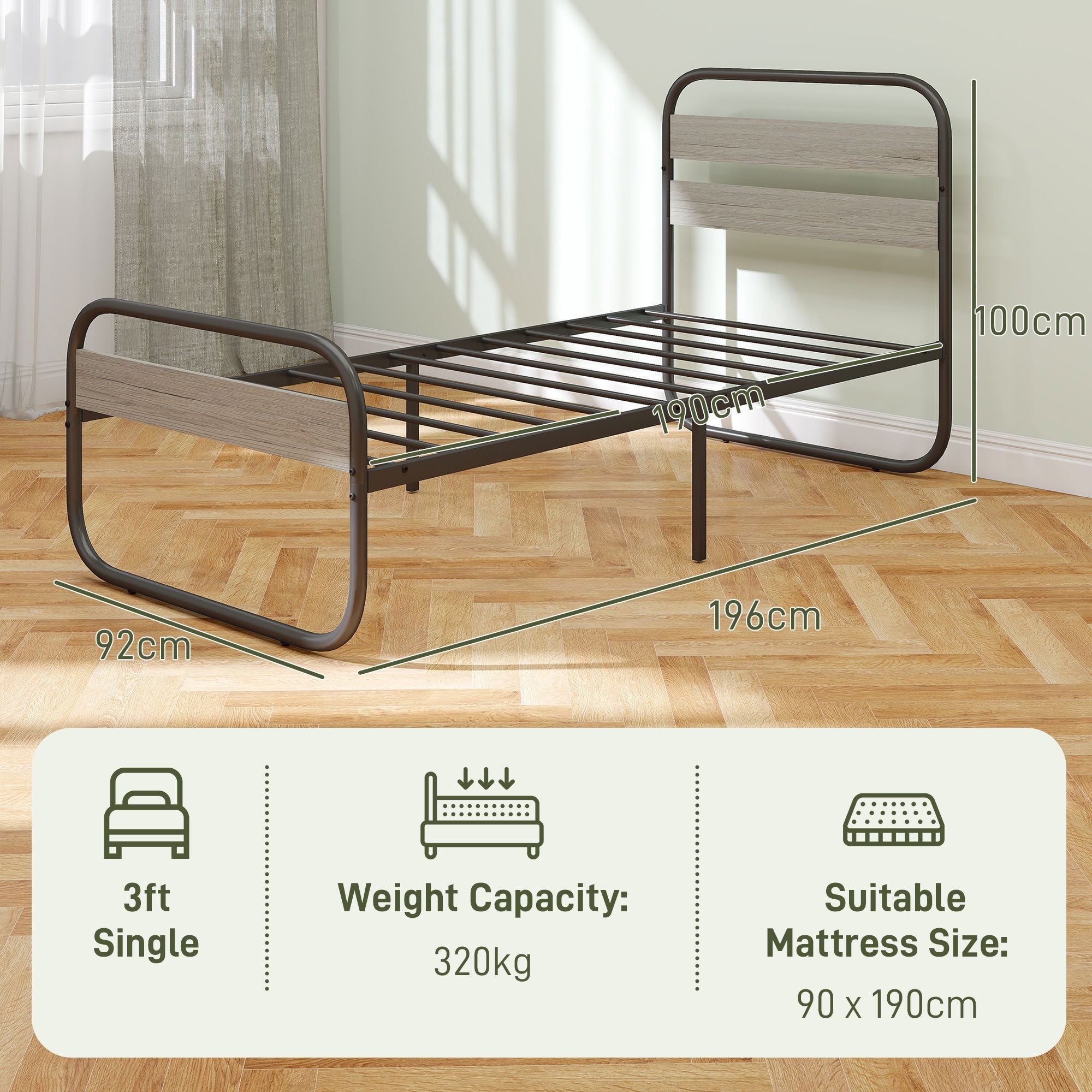 HOMCOM 3ft Single Bed Frame, Industrial Style Metal Platform Bed Frame with Under Bed Storage, No Box Spring Needed, Easy Assembly, Grey