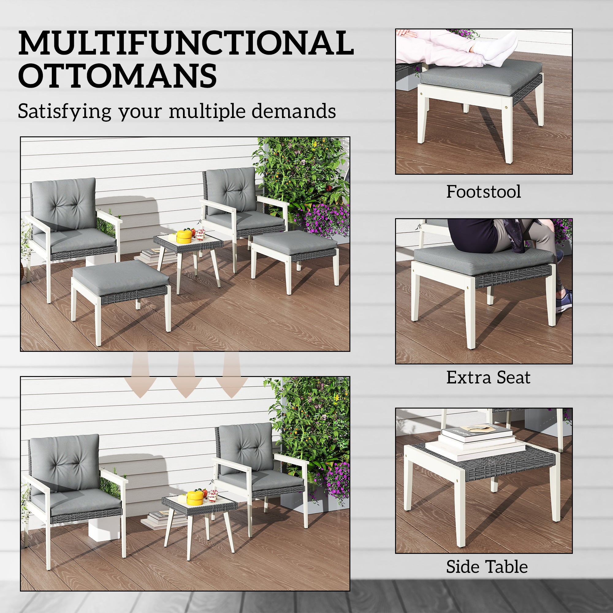 Outsunny Five-Piece Rattan Patio Set, with Wood-Top Table - Grey