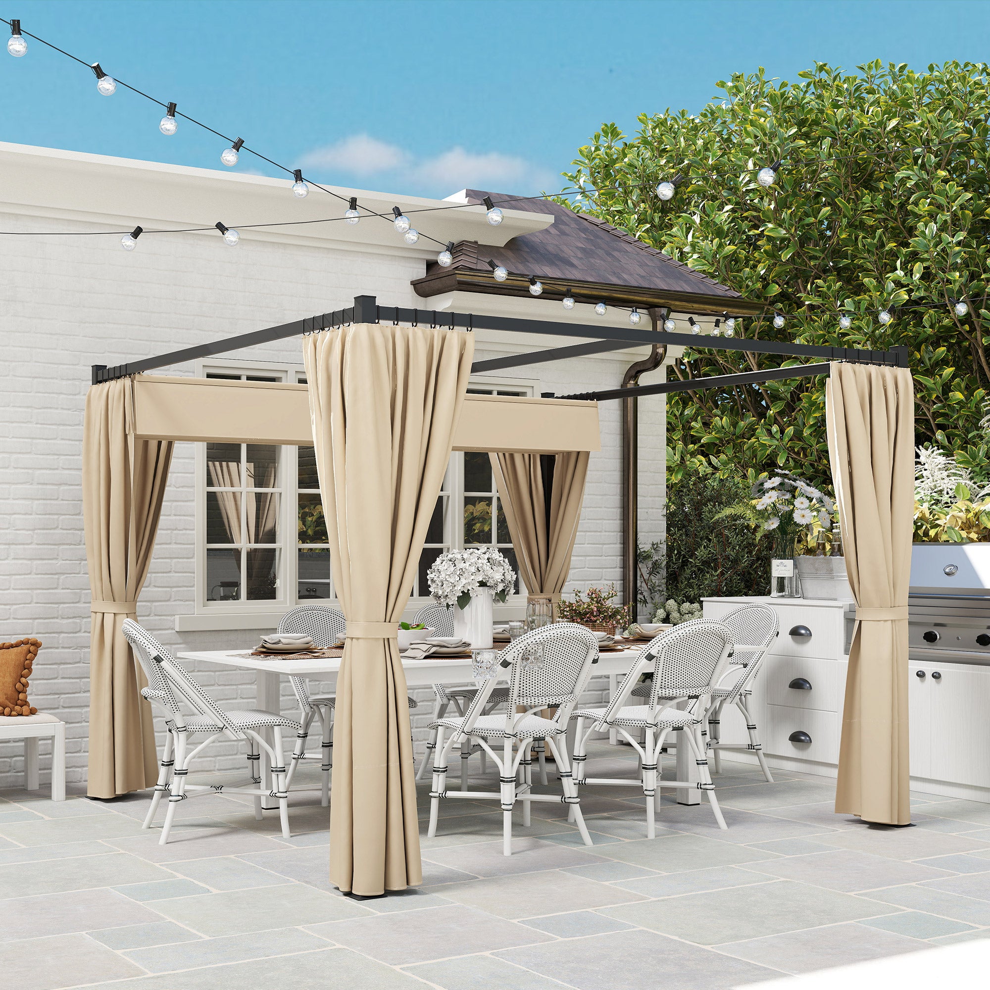 Outsunny 3 x 3(m) Retractable Pergola, Garden Gazebo Shelter with Curtains, for Grill, Patio, Deck, Beige