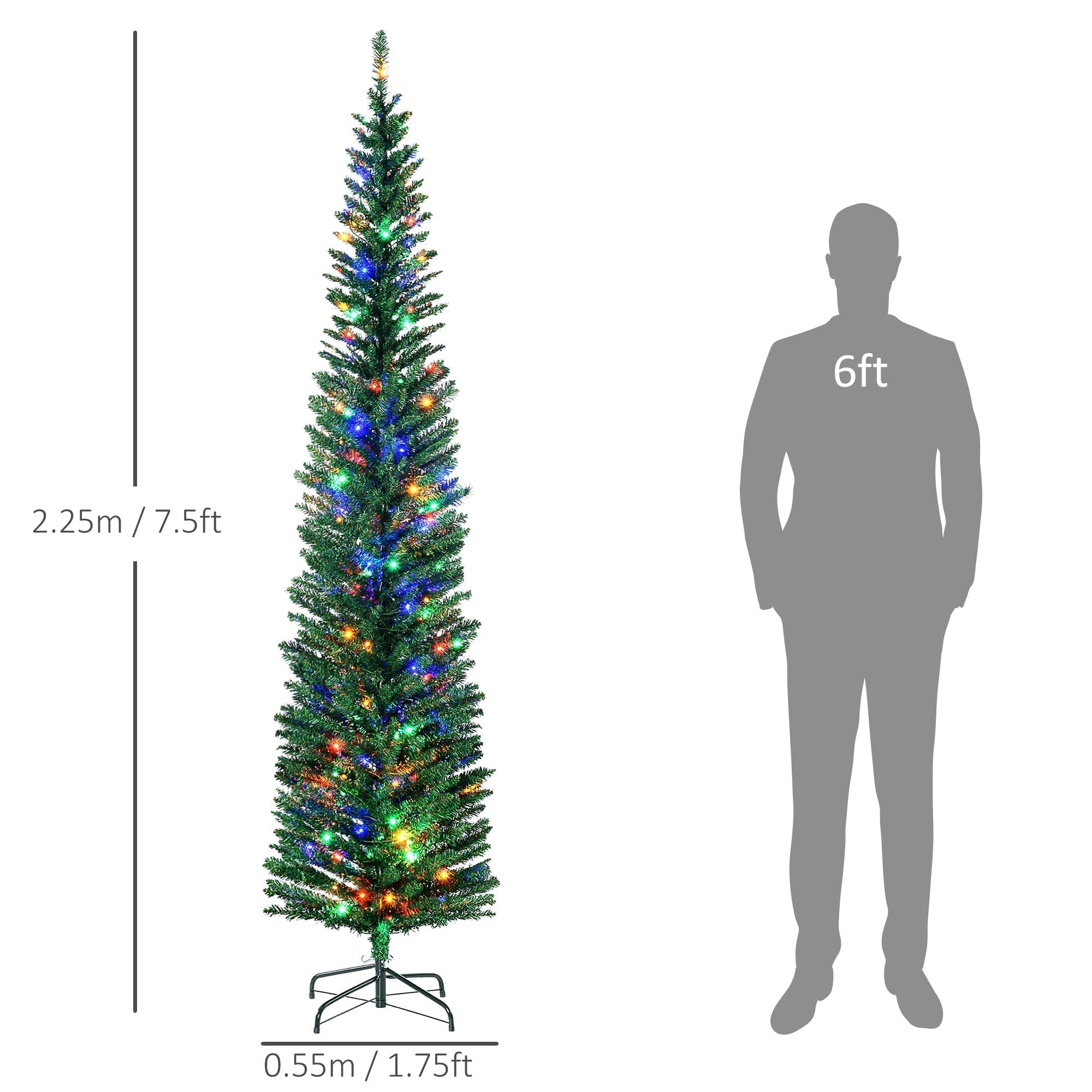 HOMCOM 7.5' Artificial Prelit Christmas Trees Holiday Decor with Colourful LED Lights, Pencil Shape, Steel Base