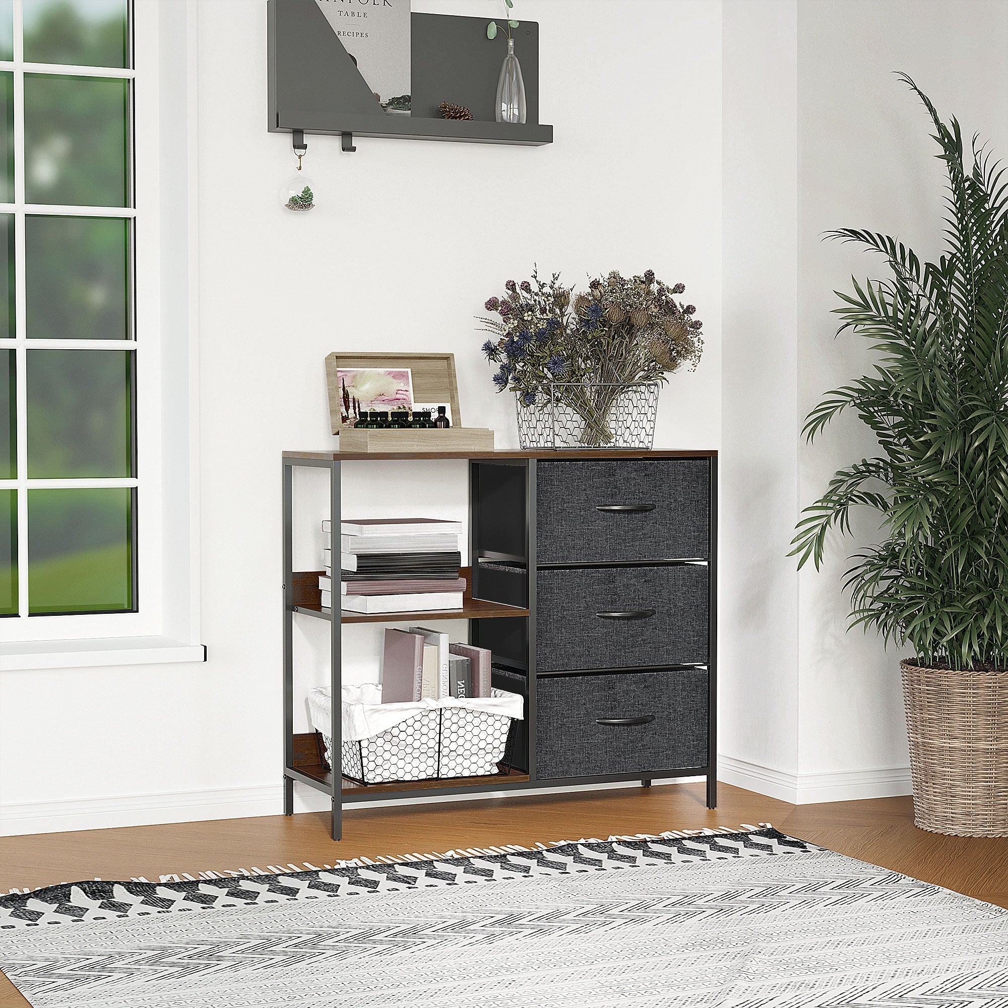 HOMCOM Chest of Drawers Storage Dresser Cabinet Organizer with 3 Fabric Drawers and 2 Display Shelves for Living Room, Bedroom, Hallway, Black