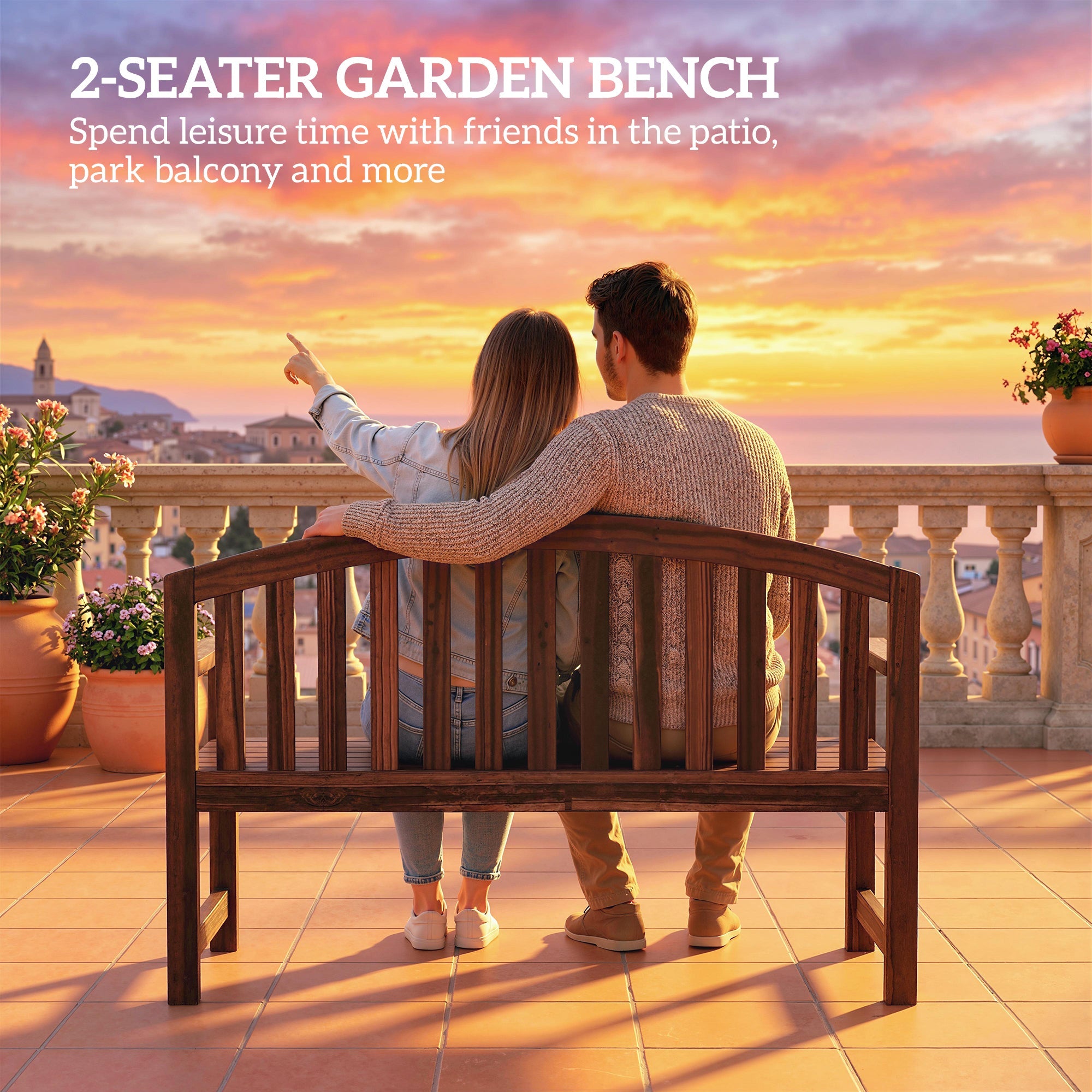Outsunny 2 Seater Wooden Garden Bench with Armrest, Outdoor Furniture Chair for Park, Balcony, Carbonised Finish
