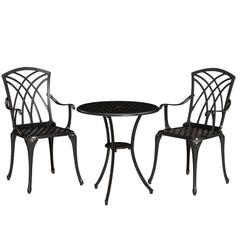 Outsunny 3 Pieces Garden Dining Set for 2, Cast Aluminium Outdoor Dining Set with 2 Armchairs and Round Dining Table with Parasol Hole, Garden Furniture Set, Bronze Tone