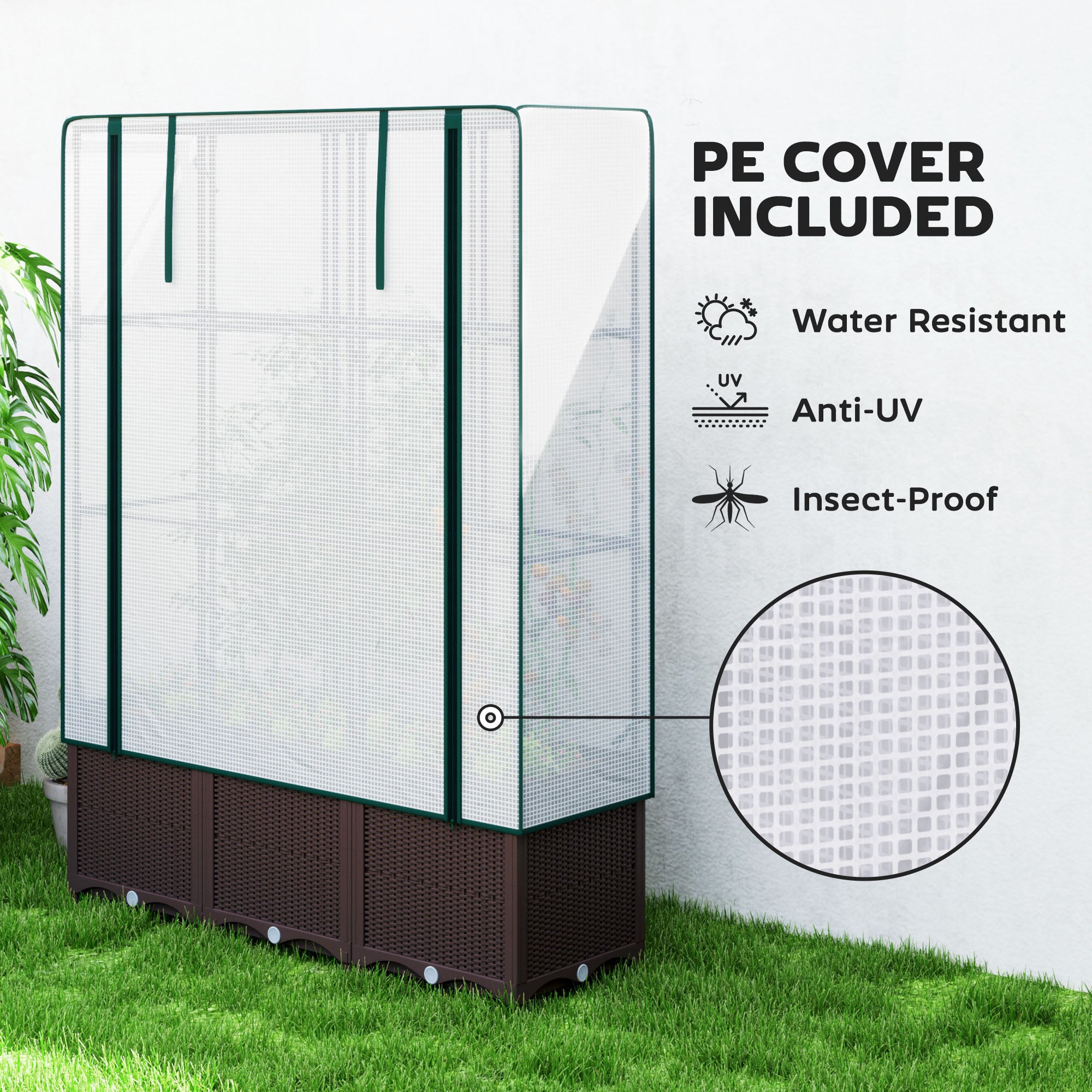 Outsunny Raised Garden Bed with Trellis, Plastic Planter Box with PE Cover, Drainage Holes, Drain Plugs and Water Reservoirs for Climbing Plants, Vegetables, Flowers, 120 x 40 x 140 cm