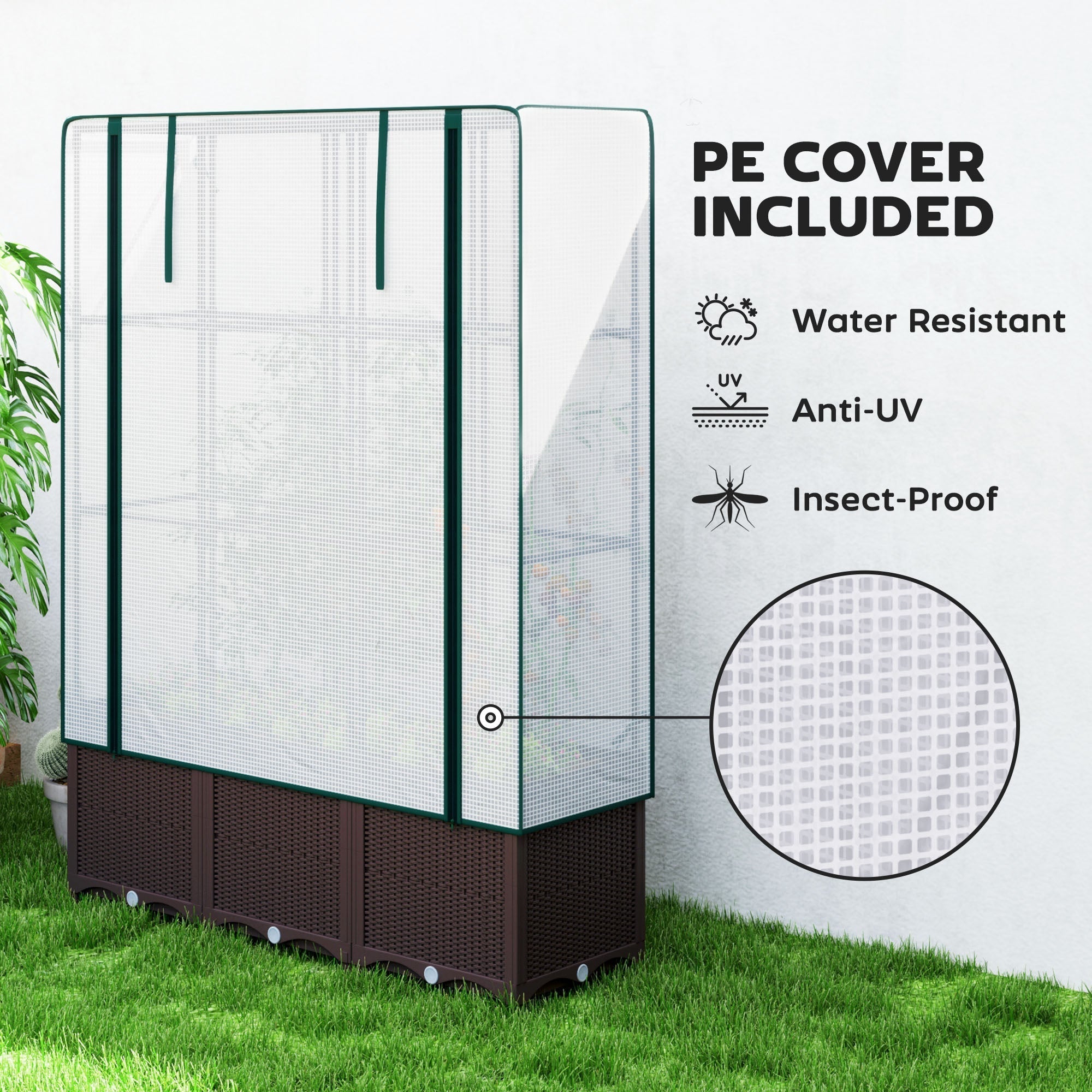 Outsunny Raised Garden Bed with Trellis, Plastic Planter Box with PE Cover, Drainage Holes, Drain Plugs and Water Reservoirs for Climbing Plants, Vegetables, Flowers, 120 x 40 x 140 cm