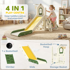 AIYAPLAY Foldable 4 in 1 Toddler Slide with Climber, Basketball Hoop, Storage Space and Basketball for Ages 1-3 Years, Cream