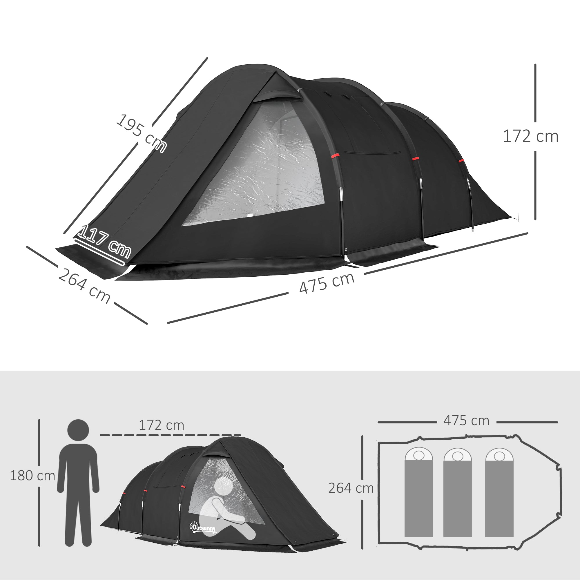 Outsunny 3-4 Man Tunnel Tent, Two Room Camping Tent with Windows, Portable Carry Bag, for Fishing, Hiking, Sports, Festival - Black