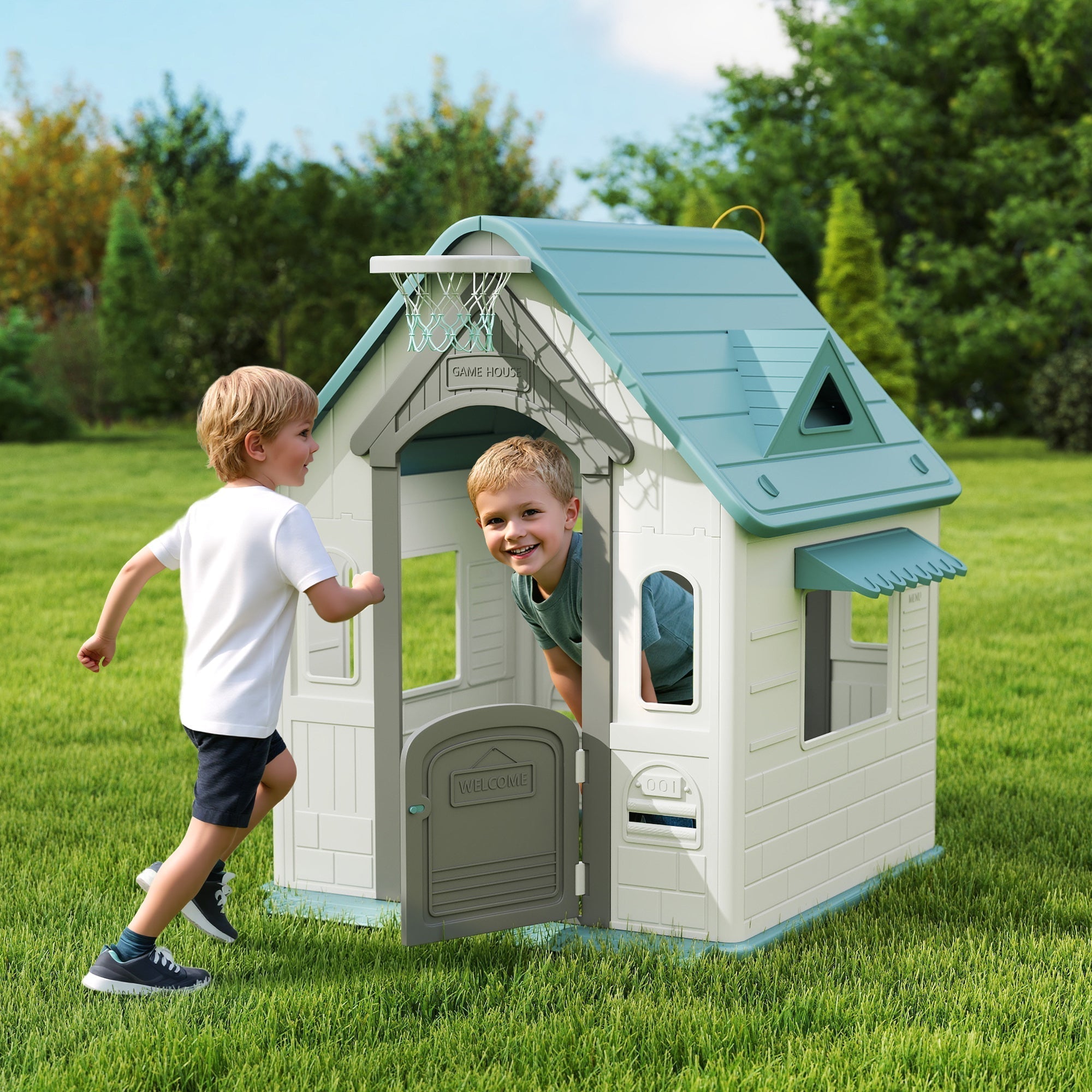 AIYAPLAY 5-in-1 Playhouse for Kids Outdoor Indoor with Basketball Hoop, Football Goal, Dartboard, Ring Toss for 2-5 Years, Beige