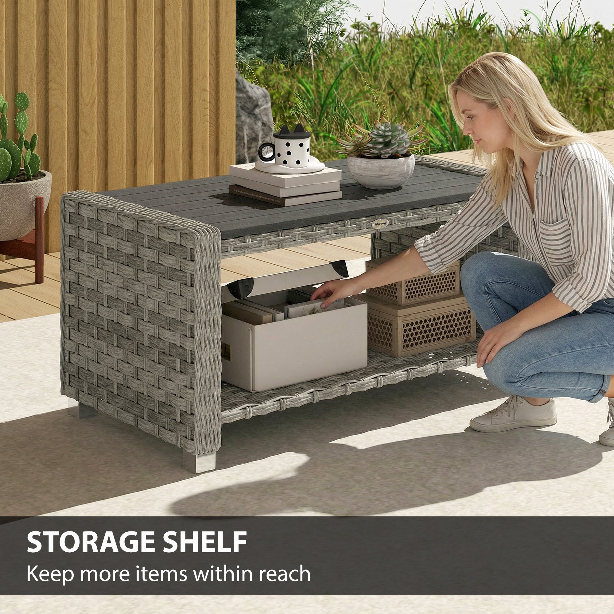 Outsunny Outdoor Side Table with 2-tier Storage Rattan End Table for Patio 90 cm Grey