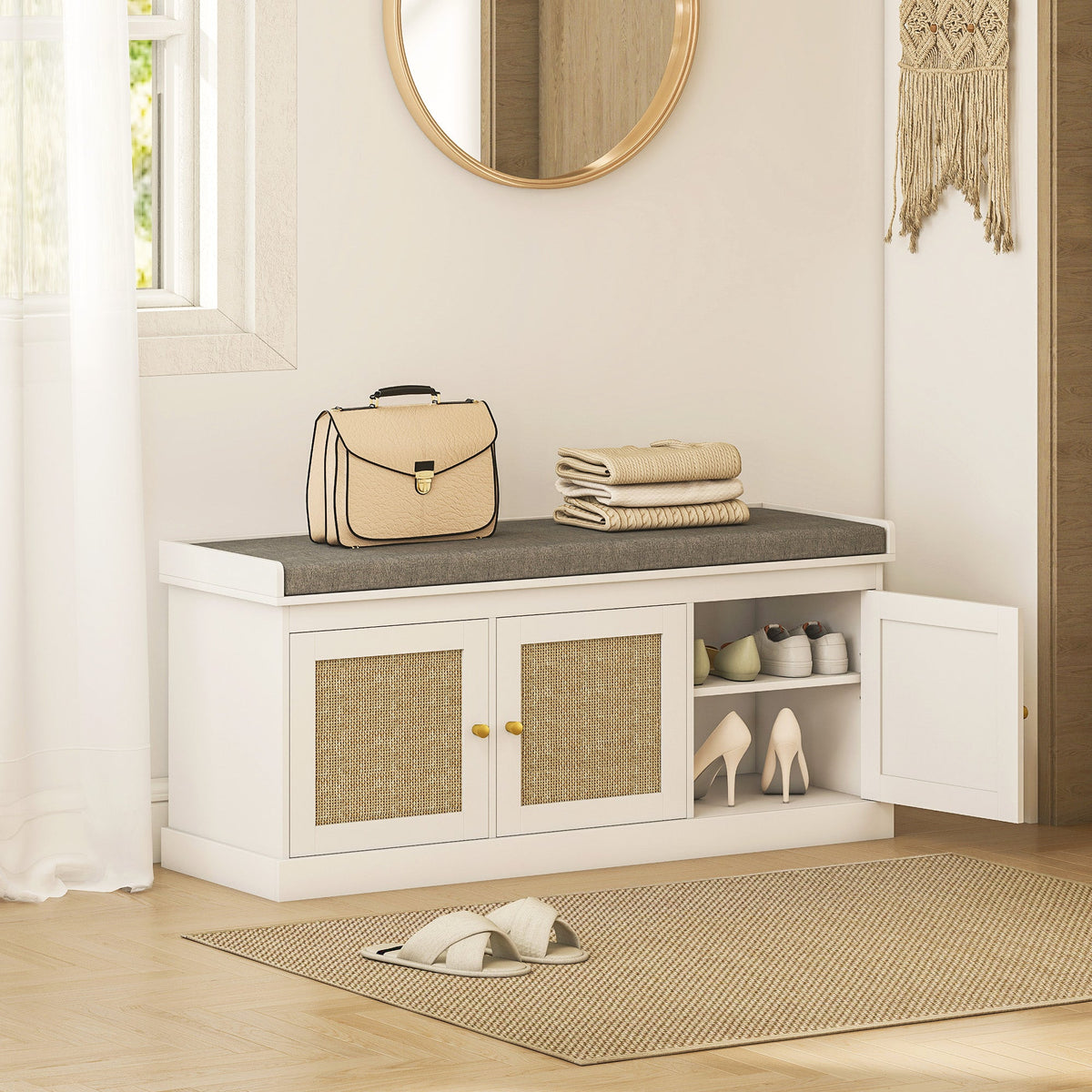 HOMCOM Shoe Storage Bench with Woven Rattan Doors, Seat - White