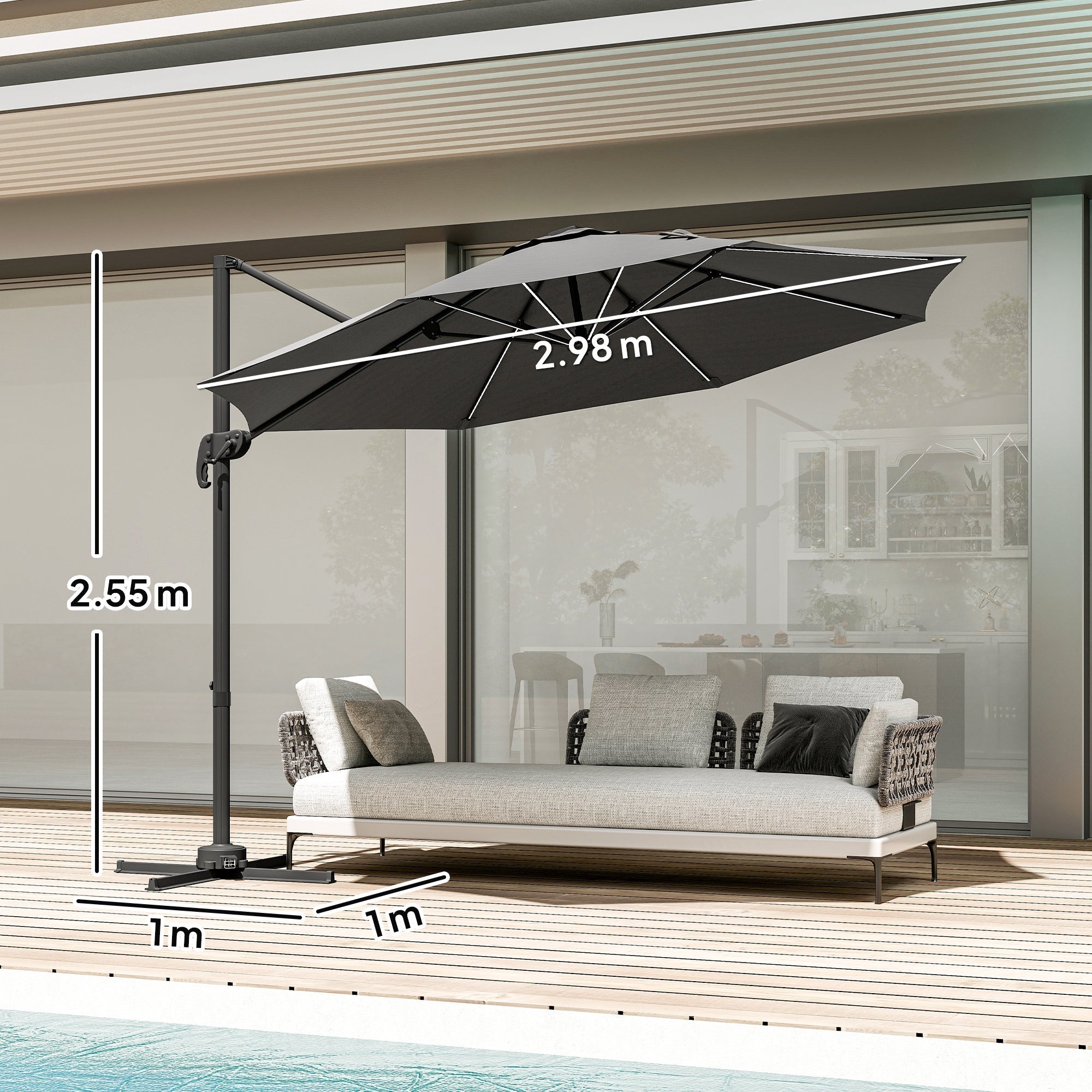 Outsunny 3(m) Adjustable Cantilever Parasol with Base, Solar LED Lights, Dark Grey