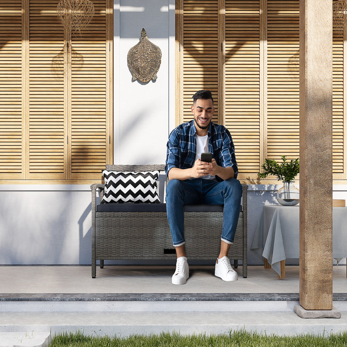 Outsunny 160L Storage Two-Seater Rattan Bench - Grey - product image 2
