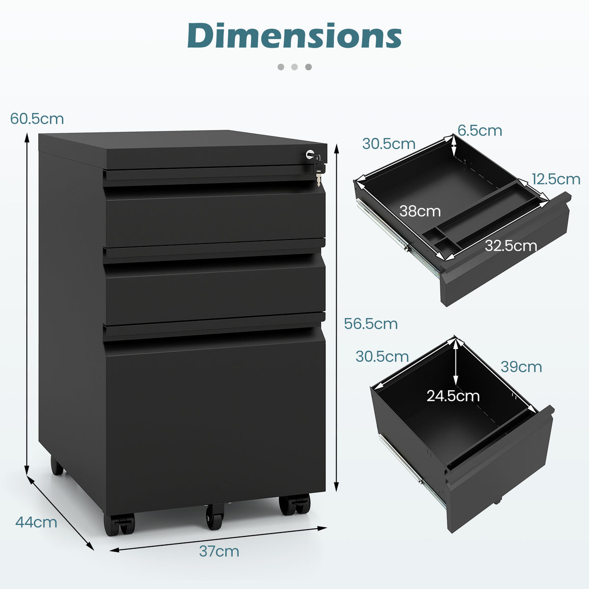 3-Drawer Mobile File Cabinet with 5 Casters and 2 Keys for A4-Black