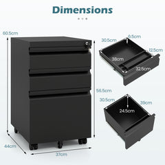 3-Drawer Mobile File Cabinet with 5 Casters and 2 Keys for A4-Black