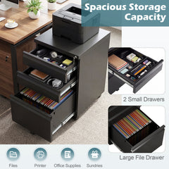 3-Drawer Mobile File Cabinet with 5 Casters and 2 Keys for A4-Black