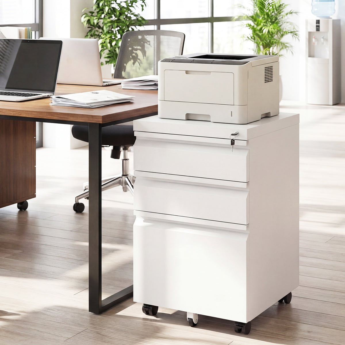 3-Drawer Mobile File Cabinet with 5 Casters and 2 Keys for A4-White
