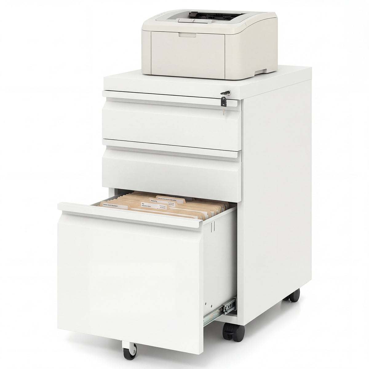 3-Drawer Mobile File Cabinet with 5 Casters and 2 Keys for A4-White