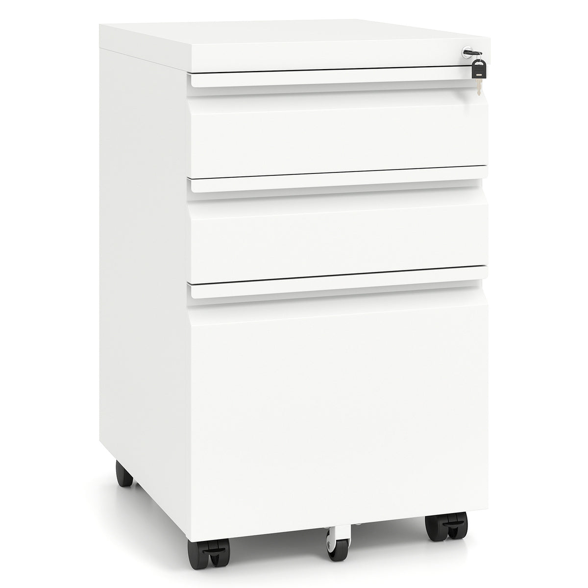 3-Drawer Mobile File Cabinet with 5 Casters and 2 Keys for A4-White