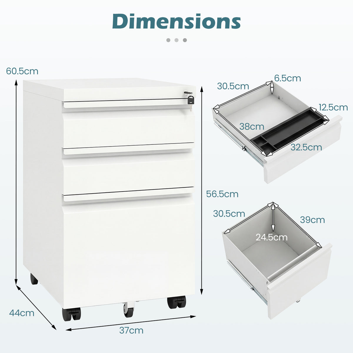 3-Drawer Mobile File Cabinet with 5 Casters and 2 Keys for A4-White