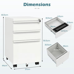 3-Drawer Mobile File Cabinet with 5 Casters and 2 Keys for A4-White