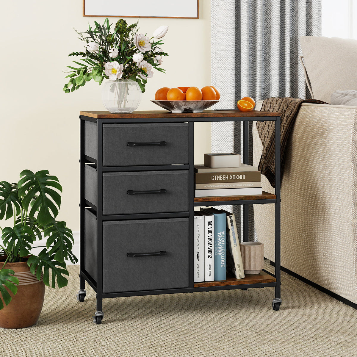 3 Drawer Wooden Mobile File Cabinet with Open Storage Shelves-Rusticbrown