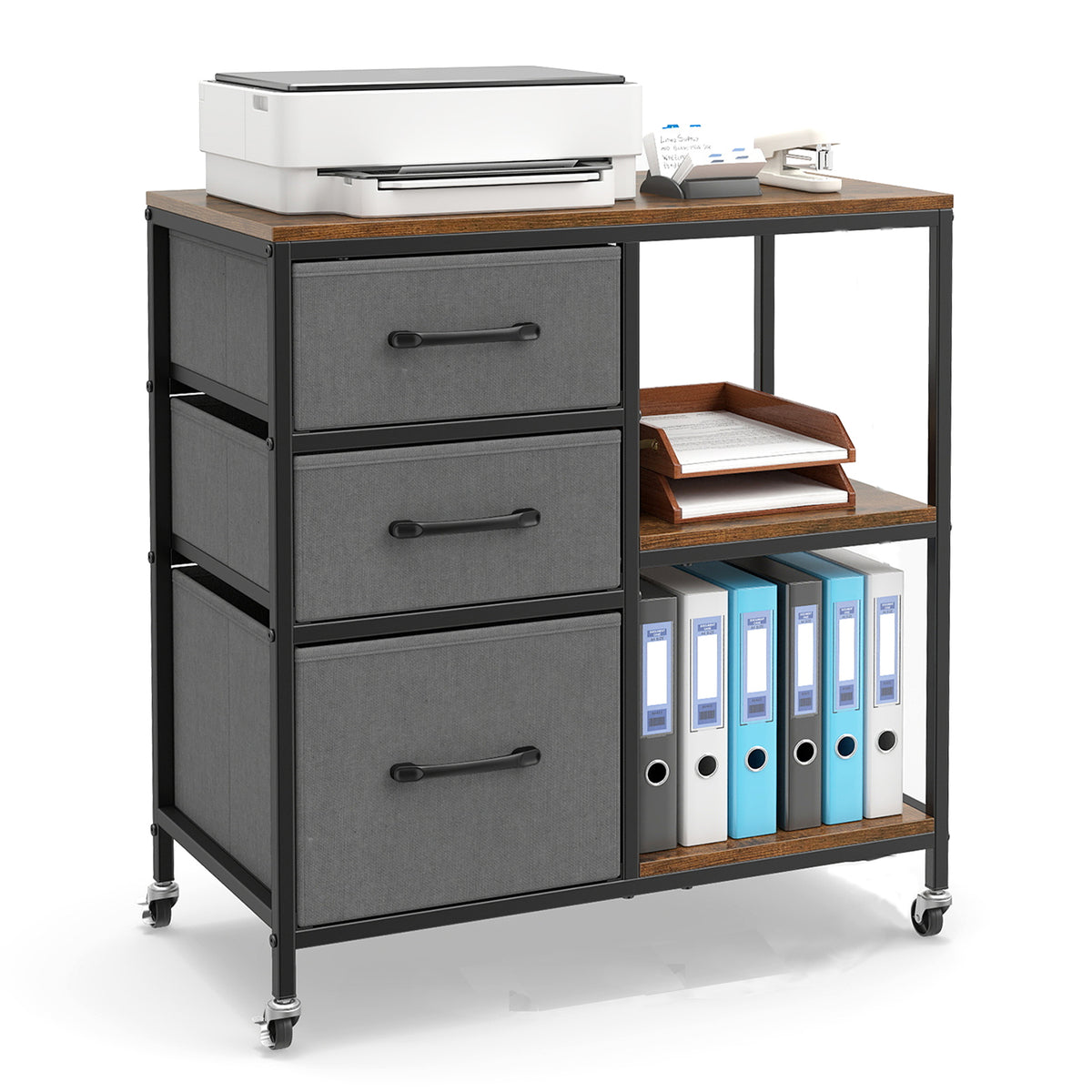 3 Drawer Wooden Mobile File Cabinet with Open Storage Shelves-Rusticbrown