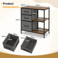 3 Drawer Wooden Mobile File Cabinet with Open Storage Shelves-Rusticbrown