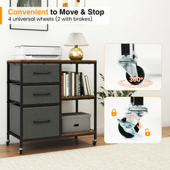 3 Drawer Wooden Mobile File Cabinet with Open Storage Shelves-Rusticbrown