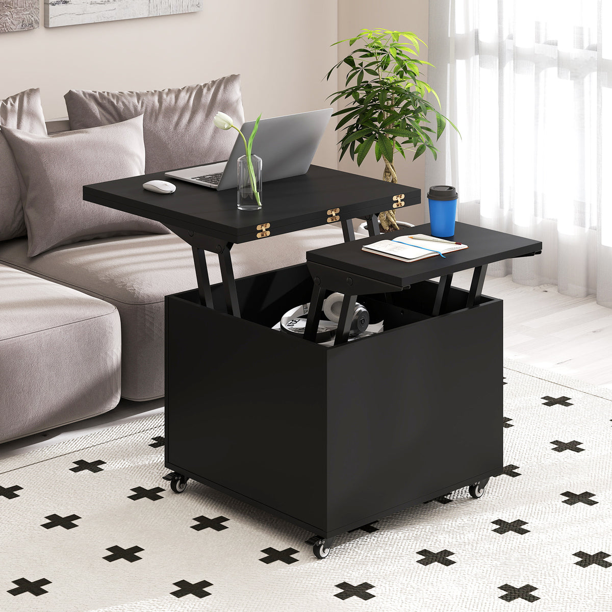 3-In-1 Lift Top Coffee Table with Hidden Storage Drawers and 360° Lockable Wheels-Black