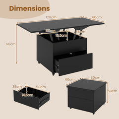 3-In-1 Lift Top Coffee Table with Hidden Storage Drawers and 360° Lockable Wheels-Black