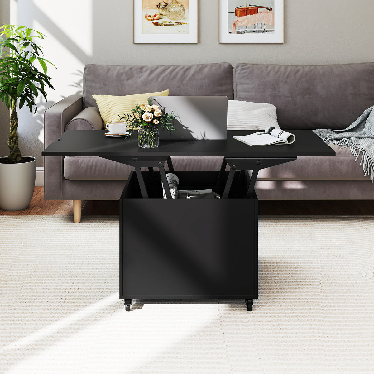 3-In-1 Lift Top Coffee Table with Hidden Storage Drawers and 360° Lockable Wheels-Black