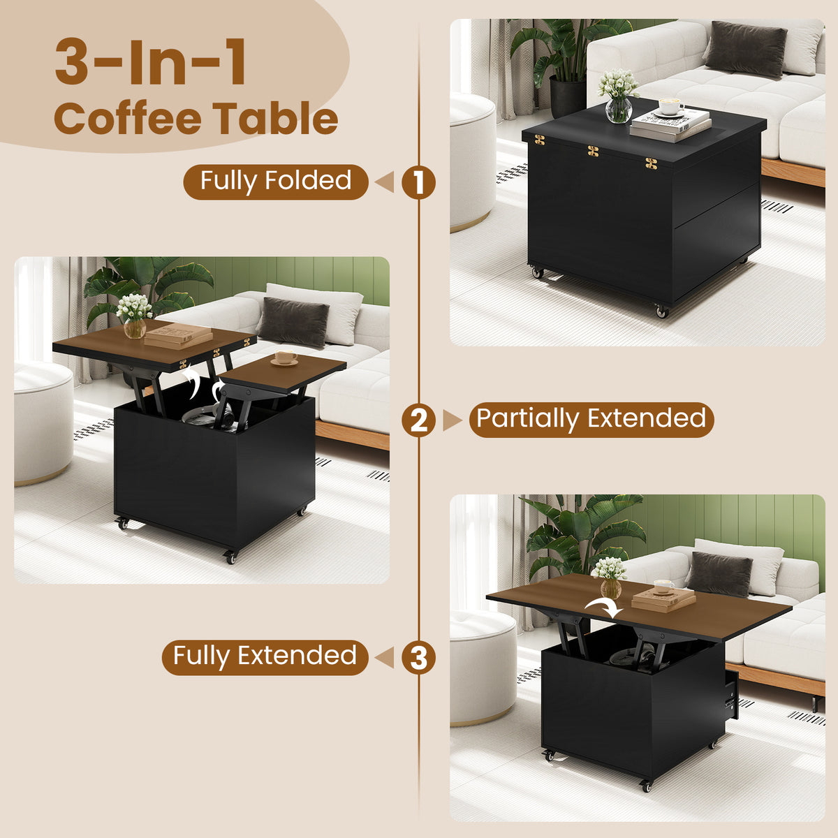 3-In-1 Lift Top Coffee Table with Hidden Storage Drawers and 360° Lockable Wheels-Black