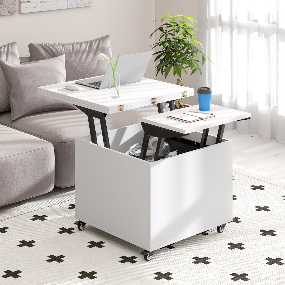 3-In-1 Lift Top Coffee Table with Hidden Storage Drawers and 360° Lockable Wheels-White