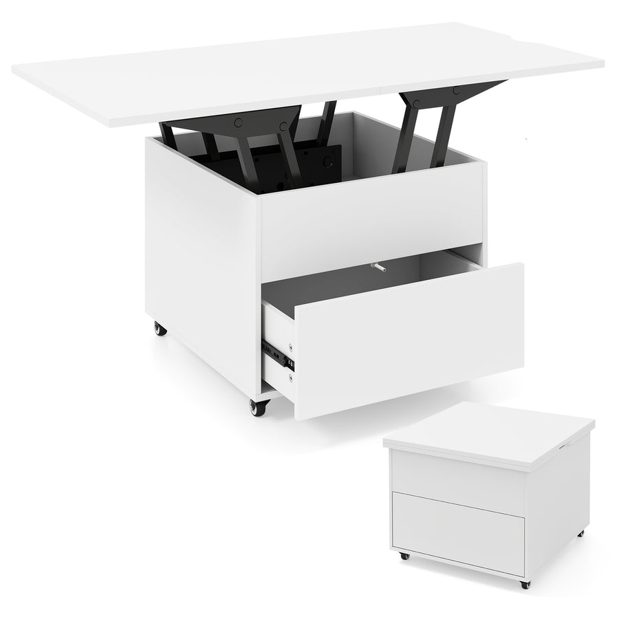 3-In-1 Lift Top Coffee Table with Hidden Storage Drawers and 360° Lockable Wheels-White