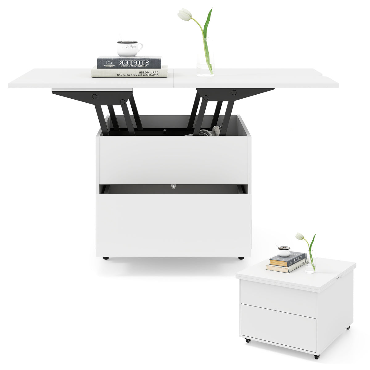 3-In-1 Lift Top Coffee Table with Hidden Storage Drawers and 360° Lockable Wheels-White