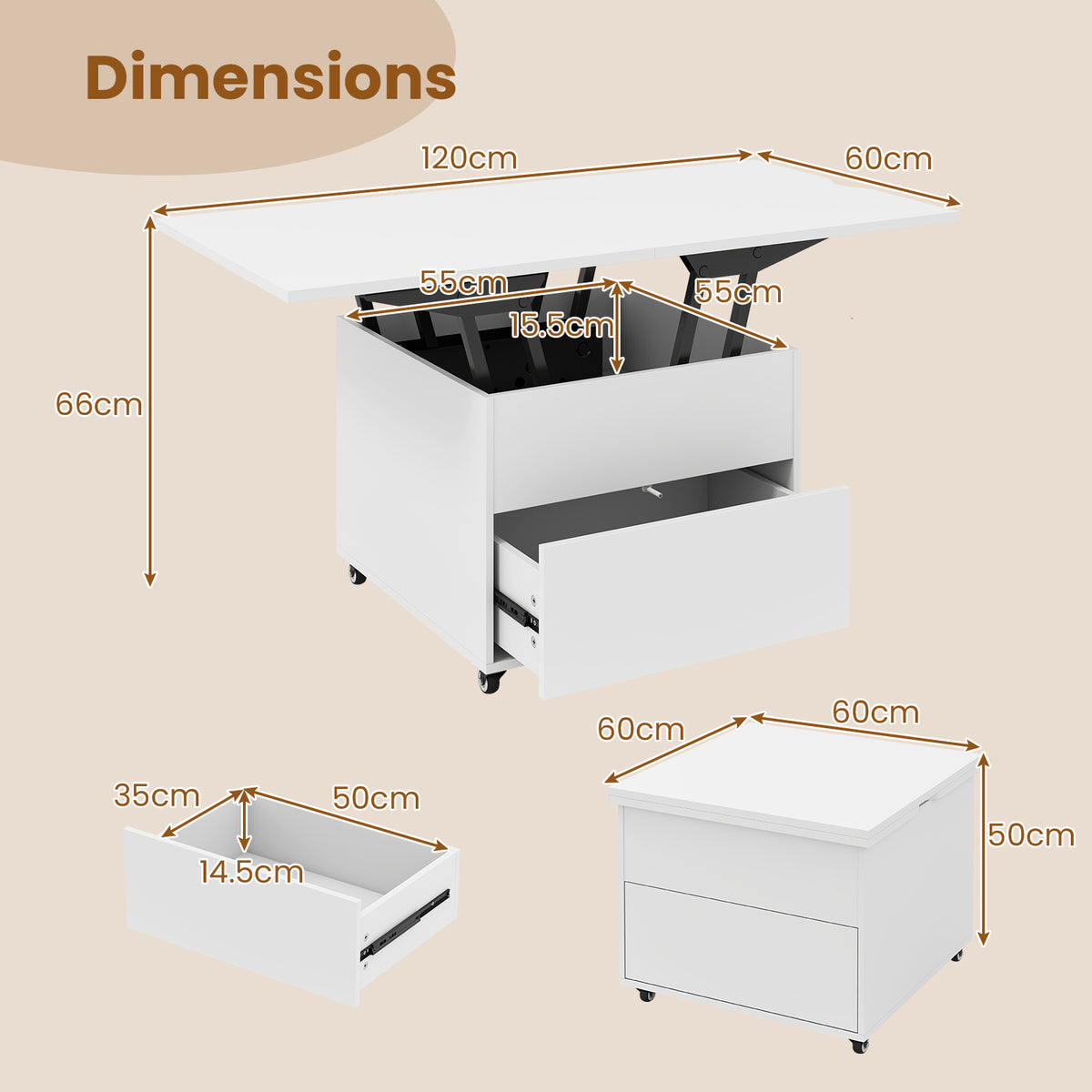 3-In-1 Lift Top Coffee Table with Hidden Storage Drawers and 360° Lockable Wheels-White