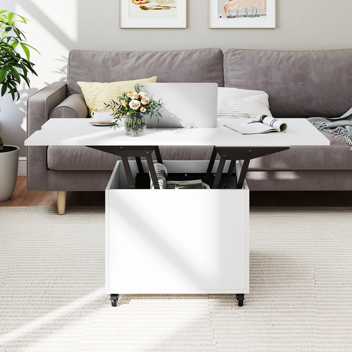 3-In-1 Lift Top Coffee Table with Hidden Storage Drawers and 360° Lockable Wheels-White