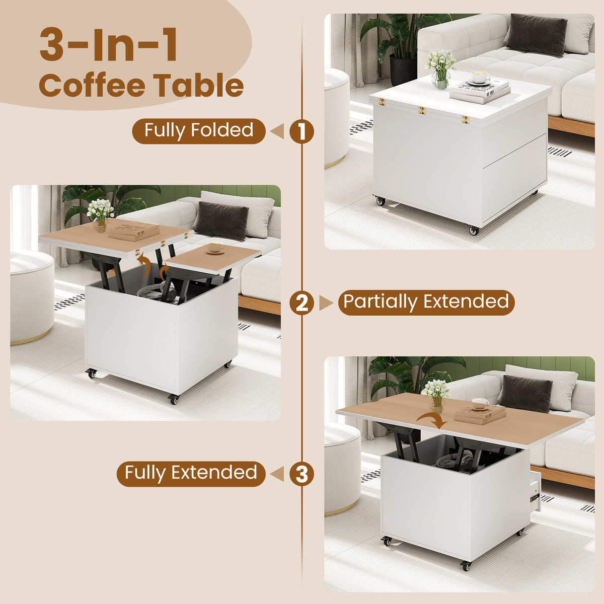 3-In-1 Lift Top Coffee Table with Hidden Storage Drawers and 360° Lockable Wheels-White