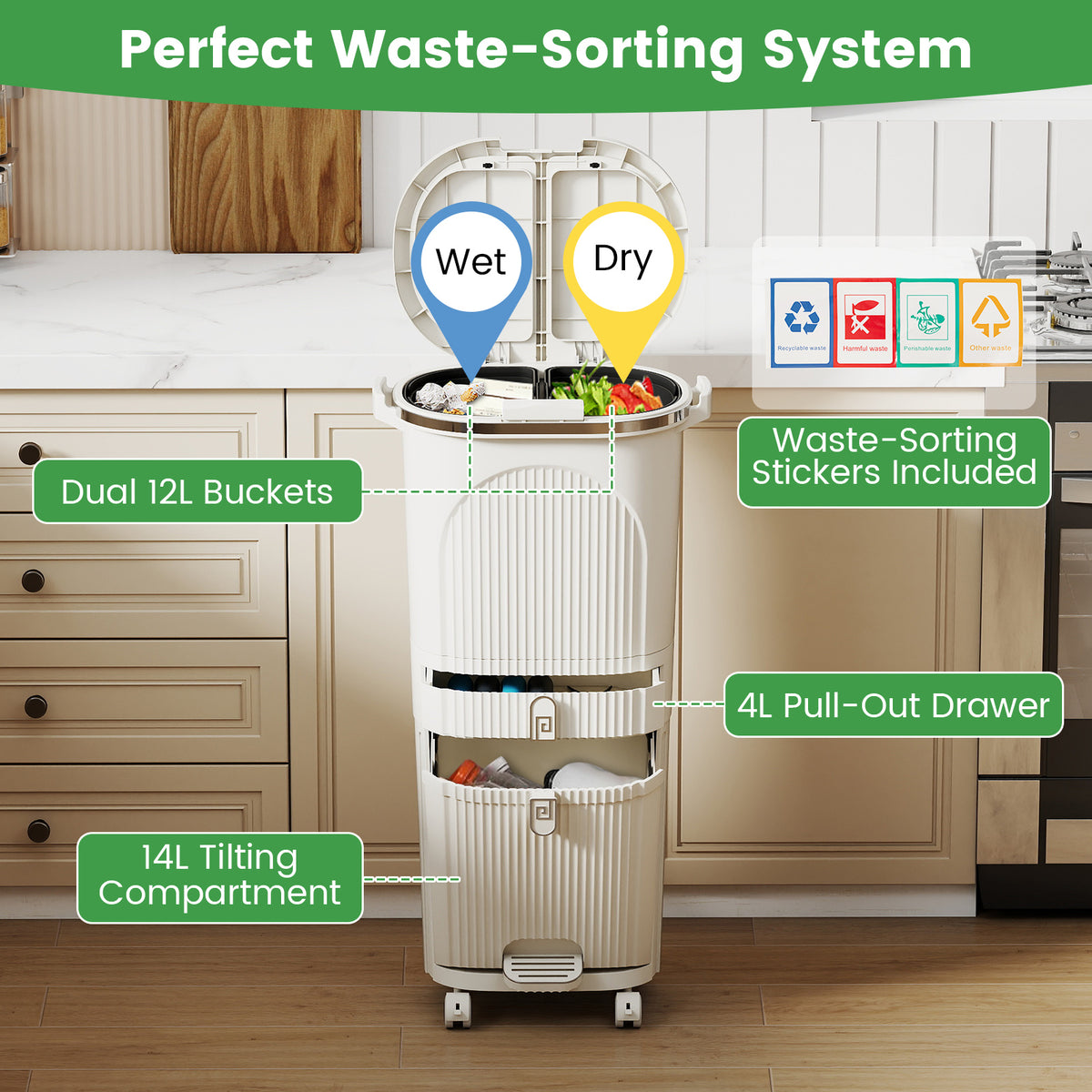 3-Layer Sorting Trash Bin with 2 Removable Buckets-Beige