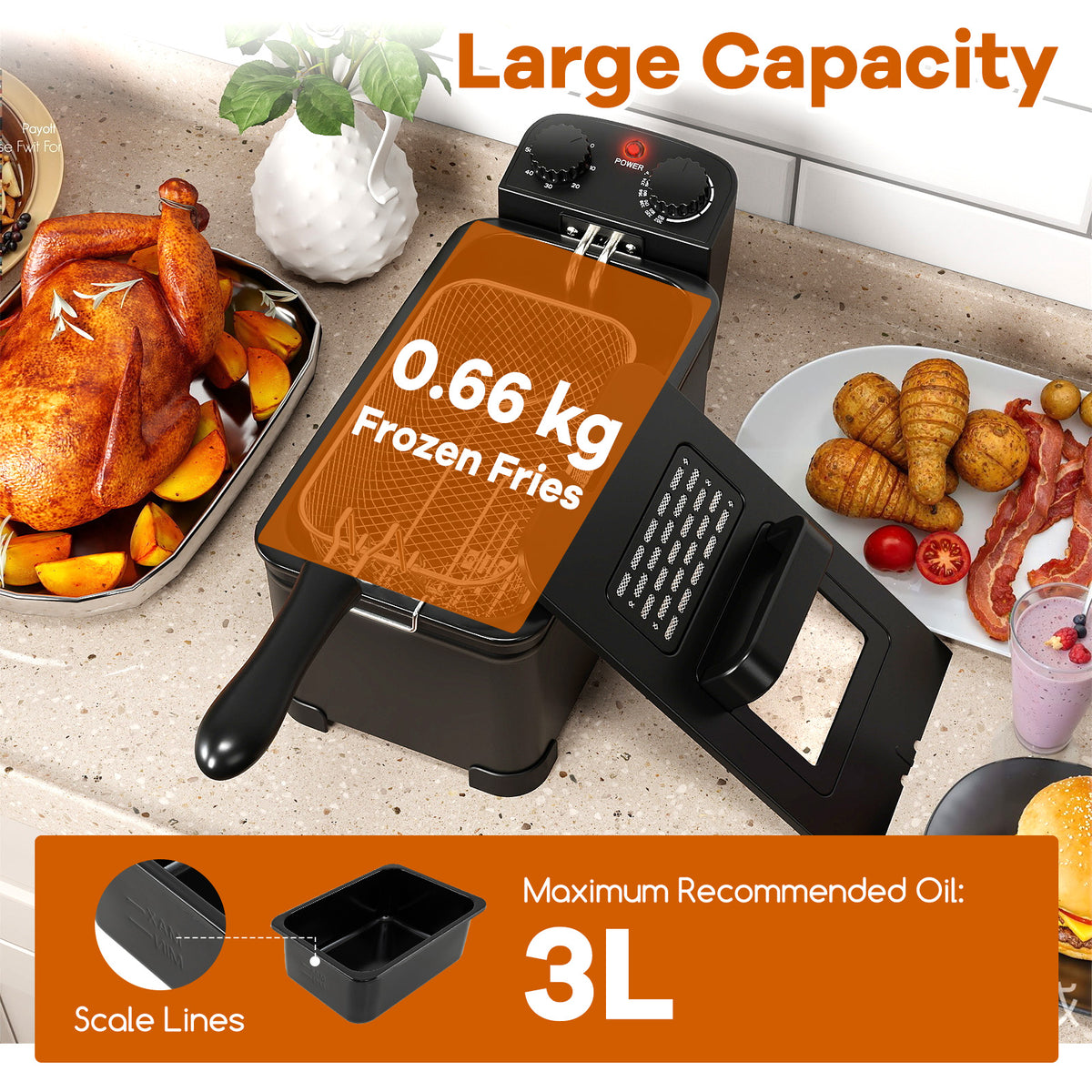 3 Liter 2000W Electric Deep Fryer with Detachable Frying Basket
