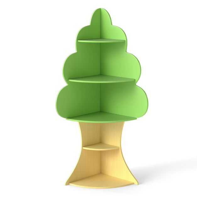 Green and wood coloured tree shaped bookshelf with three shelves