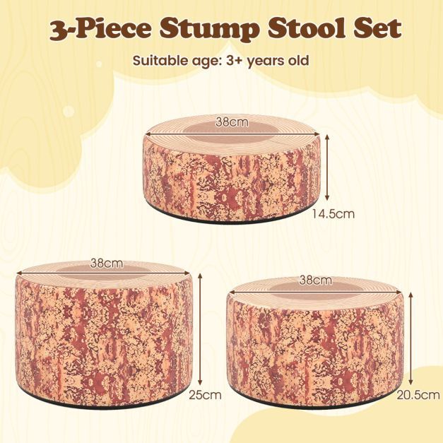 Three tree stump stools with dimensions labelled