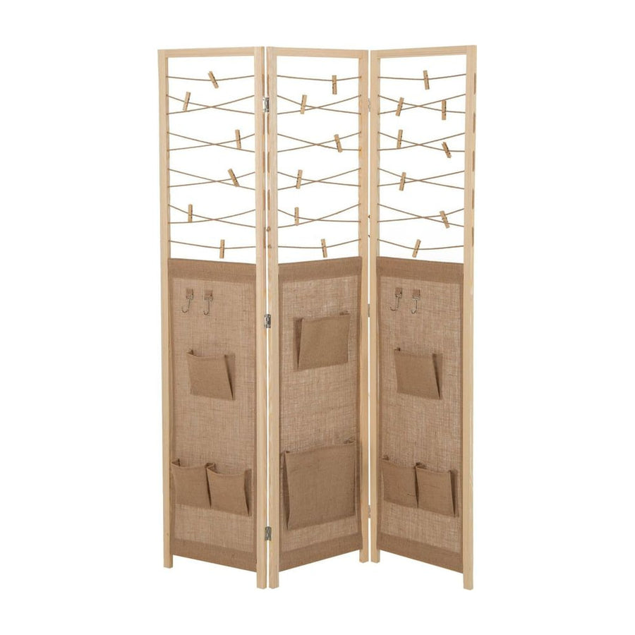 3-Panel Room Divider with 8 Storage Pockets and 4 Hooks-Natural