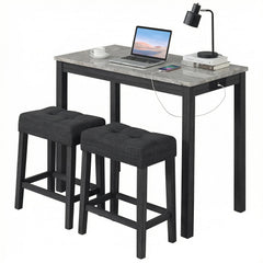3-Piece Bar Table Set with Charging Station Modern Counter Height Breakfast Table with Faux Marble Top-Grey