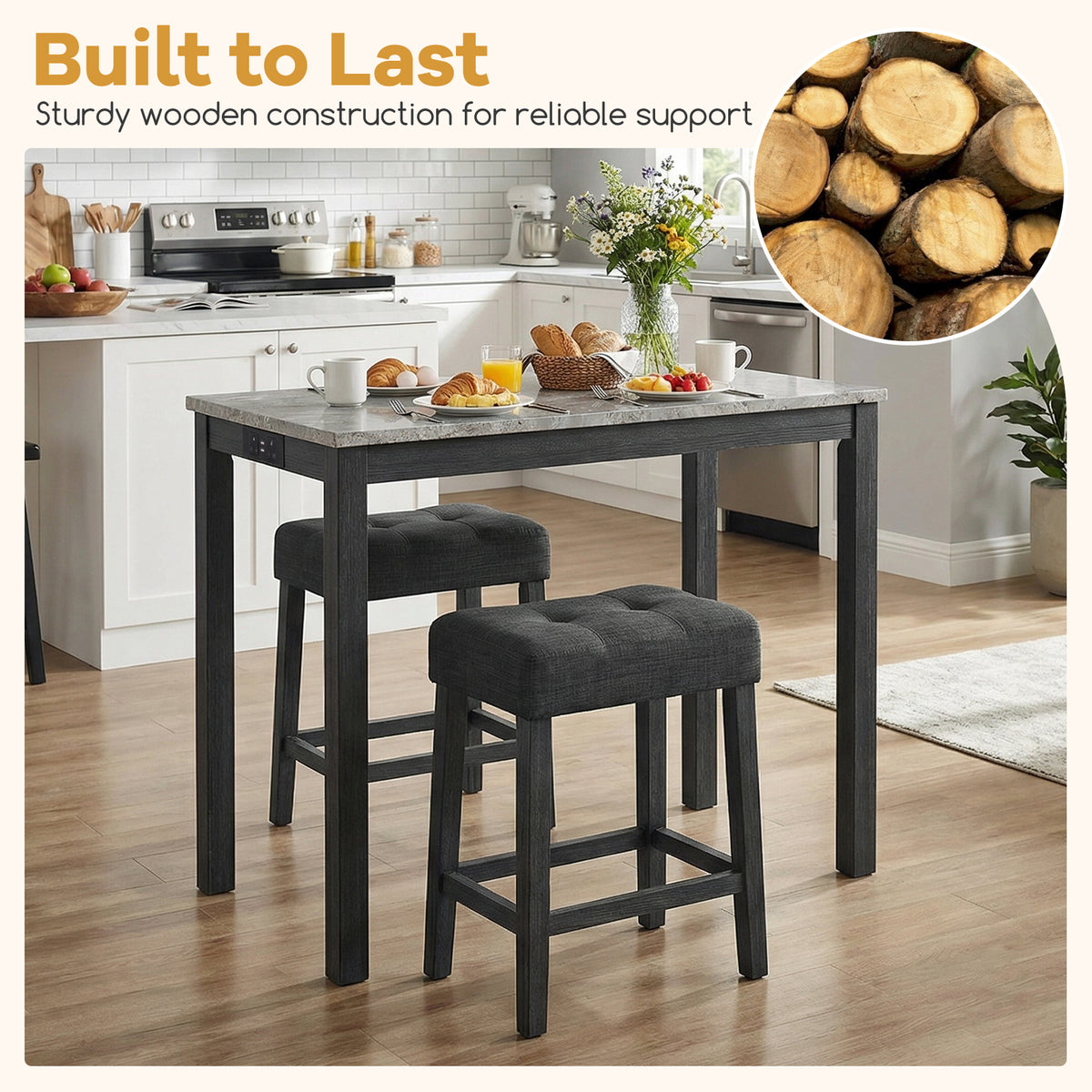 3-Piece Bar Table Set with Charging Station Modern Counter Height Breakfast Table with Faux Marble Top-Grey